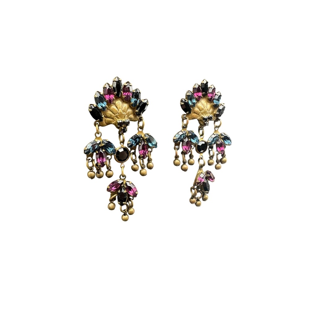 Sorrelli Vintage Antique Gold Tone Crystal Chandelier Earrings Purple Blue Boho - Picture 2 of 5